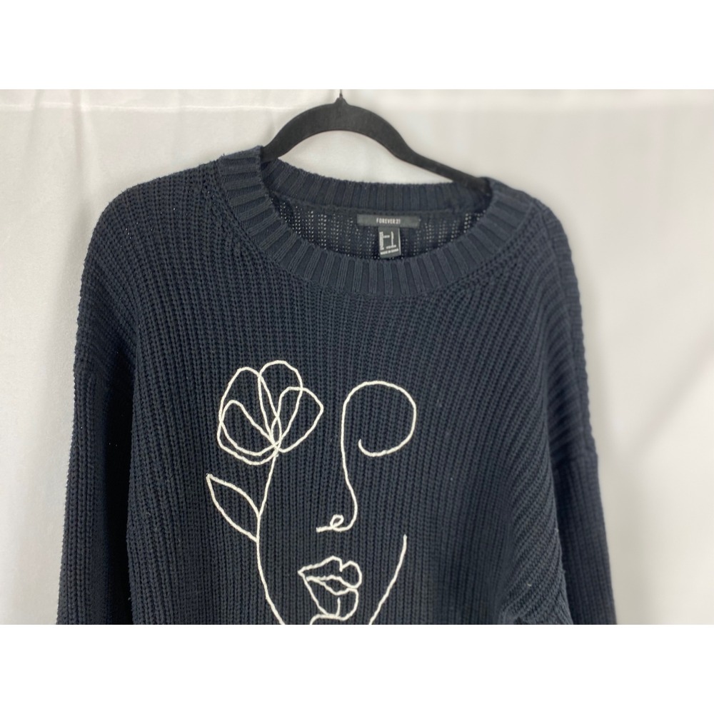 Forever 21 Womens Black‎ Abstract Face Line Art Ribbed Knit Sweater Large - Picture 4 of 11